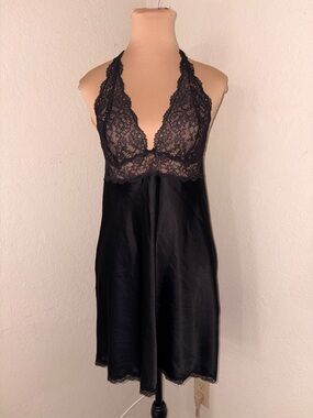 Victoria's Secret Black Lace Halter Satin Chemise